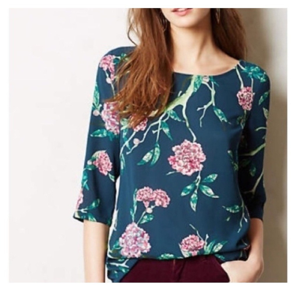HD In Paris Anthropologie Floral Blouse Boho Coquette Whimsy Fairy Garden Sz 10